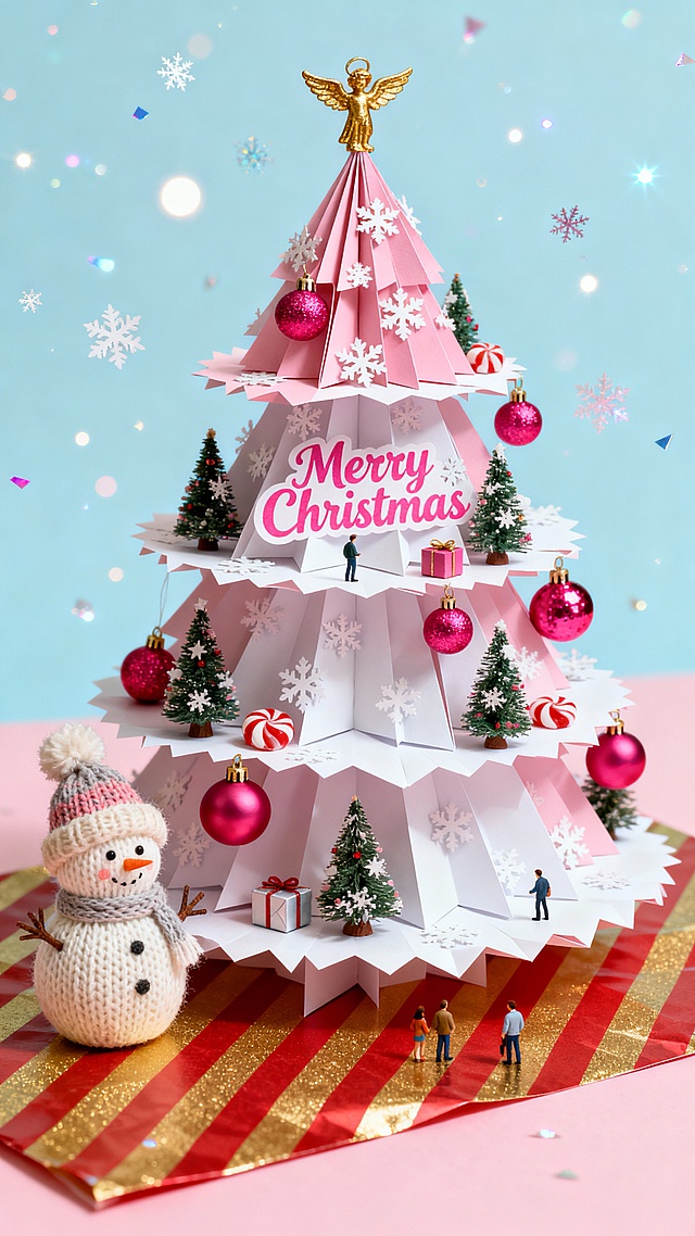 四层粉白折纸拼贴的微缩圣诞树场景，缀着纸质雪花、玫红色圣诞球，顶部金色小天使，树身有 “Merry Christmas” 粉漆艺术字。每层放着迷你圣诞树模型与糖果礼盒；树外左下角站着针织雪人（戴绒帽），地面铺着金红条纹包装纸。背景是上下渐变的浅蓝浅粉双色，空中飘着亮片雪花与光点。