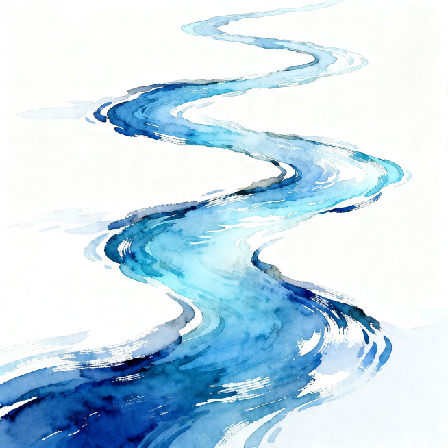 极简主义风格的河流背景插画，以纯净的白色为底，蜿蜒曲折的蓝色河流占据画面主体，采用多层次渐变的蓝色调从深蓝到浅蓝过渡，呈现出水波流动的韵律感，笔触带有柔和的刷痕质感与轻微的肌理效果，营造出宁静悠远的氛预览效果