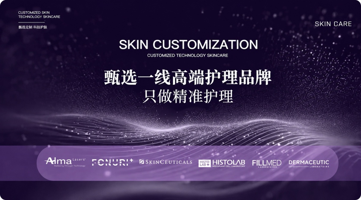 将图片里顶部这张大图从原图片中提取出来，去除原图片的外框和其他内容，保持原图的文字、图案、风格和紫色渐变背景不变。保留文字：SKIN CUSTOMIZATION，甄选一线高端护理品牌 只做精准护理，以预览效果