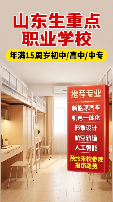 竖版9:16职业学校招生直播贴片，背景是整洁明亮的现代化学生宿舍，配有上下铺床位、书桌和储物柜，整体光线温馨舒适。画面顶部放置超大红色粗体醒目文字"山东生重点职业学校"，标题下方搭配黄色圆角醒目横幅，预览效果