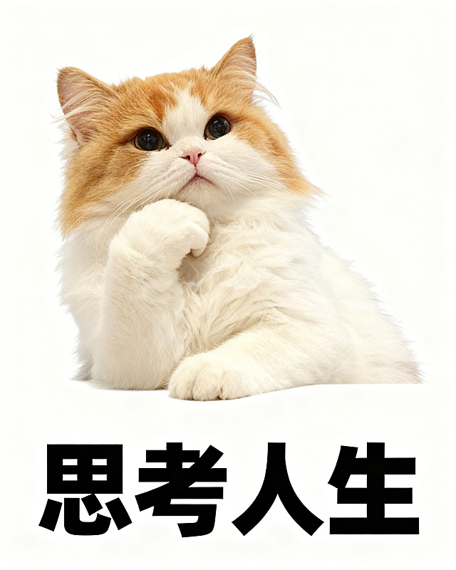 给图中的布偶小猫搭配可爱搞怪动作：爪子托着下巴作思考状，白色纯色背景，下方配黑色粗体文字“思考人生”，风格和参考的橘猫上班表情包一致