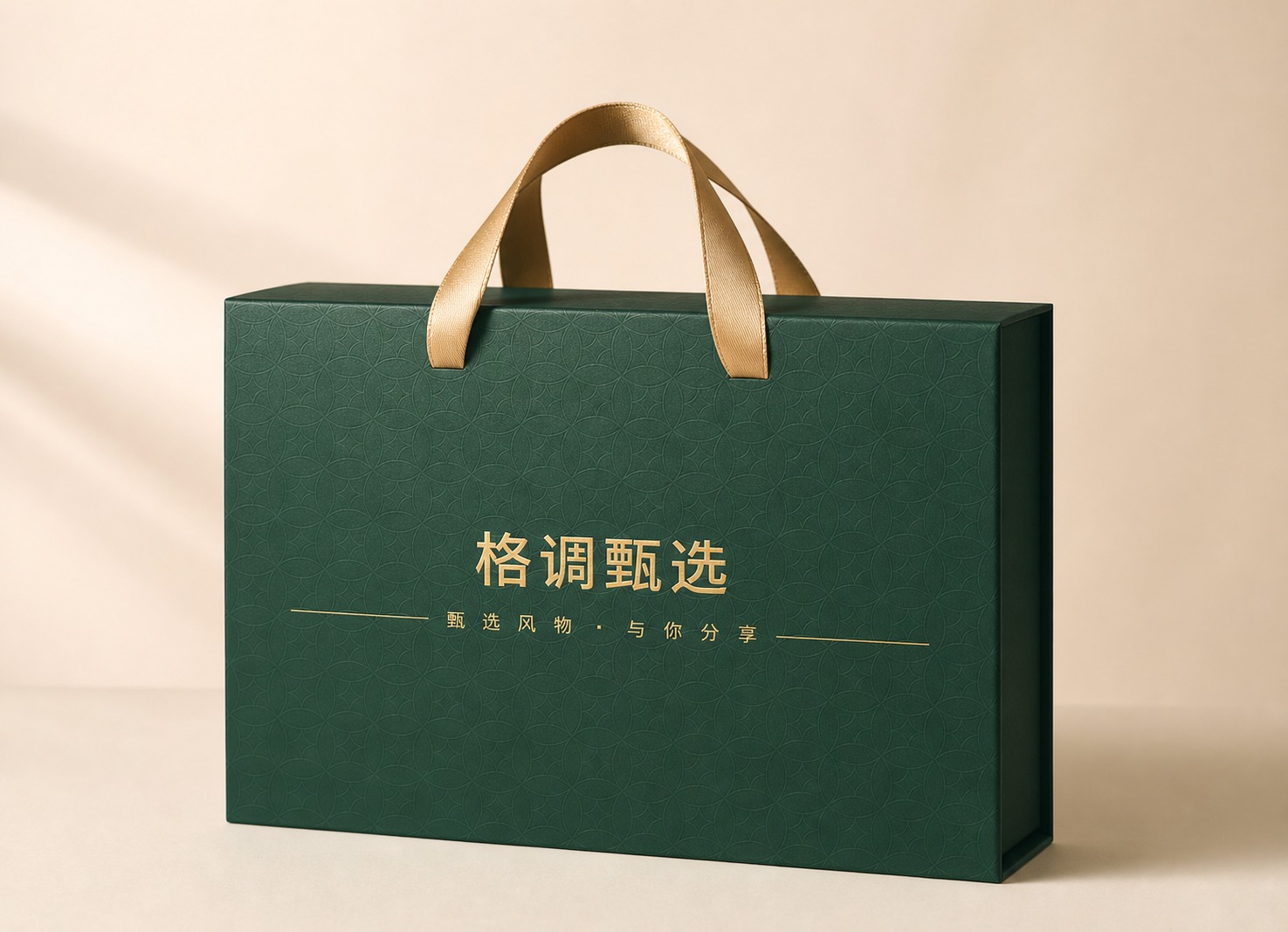 将参考图的墨绿色底纹和金色文字设计应用到一个手提礼盒上，生成高… - 图片创意预览