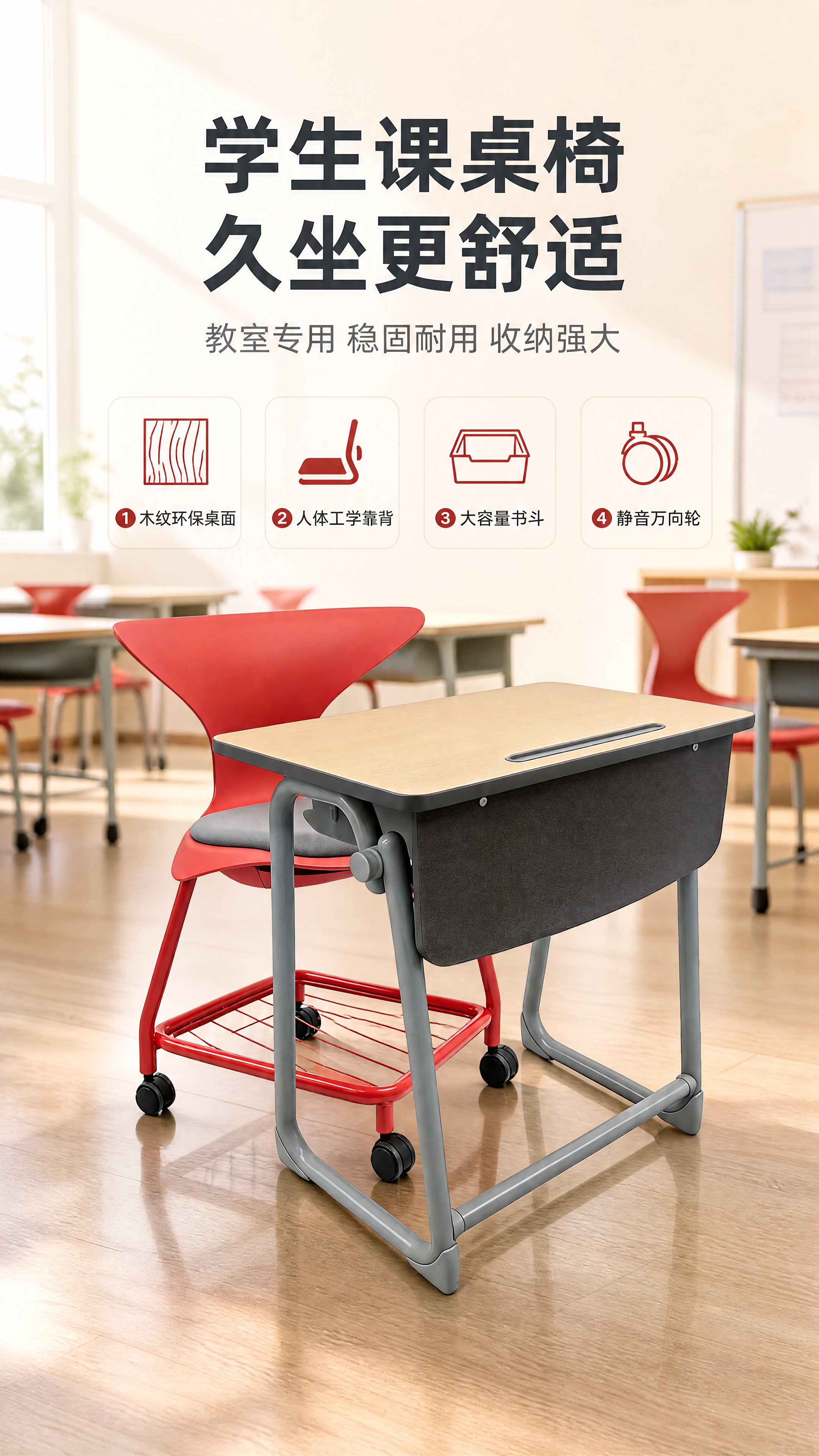 [商品] 使用【图1】学生课桌椅套装；保留木纹桌面、一体式笔槽… - 图片创意预览