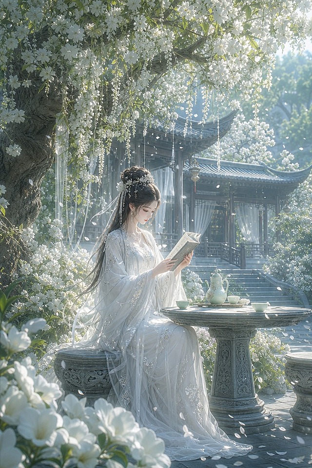 3D唯美古风CG插画，绿意盎然花团锦簇的青翠山林中，有一座精致阁楼小院，小院周围繁花似锦，院中有一株巨大花树，花树下有一张精巧石桌，石桌前的石凳上坐着一位绝美女子，面容清冷，一袭华丽白色长裙，青丝如云，高鬓云髻，一只手拿着一本书册，正细细研读，旁边石桌上放着一套茶壶和茶杯。营造梦幻、空灵、没有重量的仙气氛围