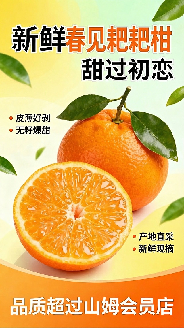 将海报中的“耙耙柑”改为“春见耙耙柑”，删除底部的“10元3斤”、“今日特惠”、“限时抢购”文字，加入“品质超过山姆会员店”的文字内容，其余画面元素保持不变