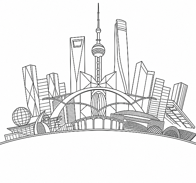 将这张图片转换为黑色线稿图，精简线条，保留上海城市天际线建筑轮廓，去掉原有的蓝色和白色填充，只保留清晰干净的黑色线条
