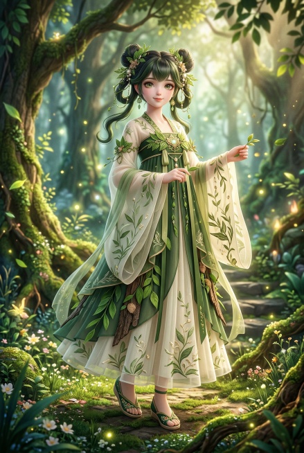 三维国风动漫角色设计，女角色小萤，千年树精化身，外貌16岁，标准六头身体型，鹅蛋脸型，清透嫩白肤色，发色是墨绿掺墨黑色，梳双丫垂髻，佩戴绿叶发饰，穿着青竹绿加米白配色的山林精怪襦裙，襦裙为树叶纹薄纱材预览效果