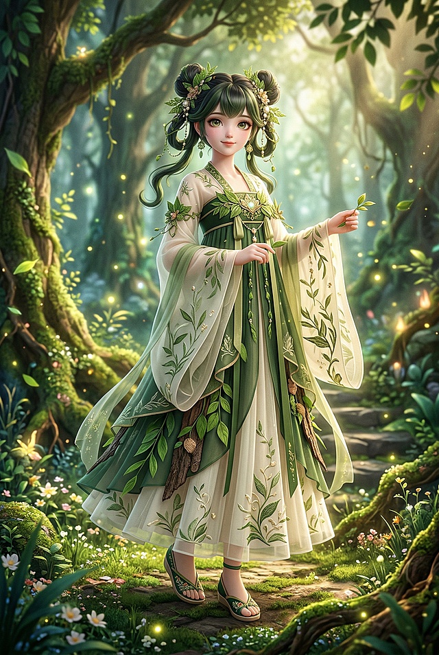 三维国风动漫角色设计，女角色小萤，千年树精化身，外貌16岁，标准六头身体型，鹅蛋脸型，清透嫩白肤色，发色是墨绿掺墨黑色，梳双丫垂髻，佩戴绿叶发饰，穿着青竹绿加米白配色的山林精怪襦裙，襦裙为树叶纹薄纱材质，国风精致质感，光影柔和，细节丰富