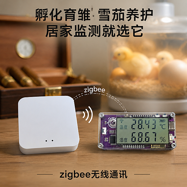 生成一张淘宝电商主图，将图1白色无线网关和图2紫色温湿度显示屏组合在画面中，两个产品搭配展示，体现zigbee无线通讯的连接效果。背景包含虚化模糊的雪茄盒和孵化育雏场景，真实自然，吸引消费者。产品外观和结构颜色保持和原图一致。主图上方添加卖点文字"孵化育雏 雪茄养护 居家监测就选它"，下方标注"zigbee无线通讯"，文字清晰，字体简洁醒目，黑色字，整体风格简约高级，适合淘宝电商平台，画面真实有质感，背景虚化突出产品主体，1:1比例构图。