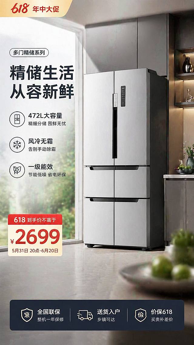 基于图中的冰箱，制作618商业营销海报，添加商品精简的信息图元素，使用高质感配色，采用f/2.8拍摄，柔和景深，写实照片风格，无畸变