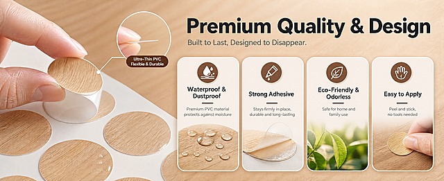 [商品] 使用【图2】螺丝孔贴纸材质细节图，保留PVC材质、薄度、自粘背胶、木纹纹理贴纸外观；商品处理：保留贴纸材质质感、薄度展示、手指捏持动作参考，增强PVC光泽和背胶粘性视觉。
[画面] 页面目标：核心卖点总览，4大核心功能一目了然。构图：顶部主副标题，下方4个等宽圆角信息卡横向排列（2x2布局）。主体：左侧保留材质细节特写图，右侧和下方为卖点卡。产品占画面40%。景别：混合（细节特写+信息卡）。阅读动线：顶部标题→四宫格卖点。前中后景：前景信息卡、中景产品细节、后景暖木色渐变背景。
[视觉] 套系策略：风格=跨境极简高级商业摄影；标题字=现代无衬线粗体；正文字=简洁无衬线体；主色=暖木棕；背景延展=基于暖木棕做深浅层级、同色渐变和细腻木纹/纸张质感；强调色=深胡桃色，仅用于小面积图标、引线和标签；标题色=深炭灰；正文色=中暖灰；组件=圆角浅底信息卡、细线引线；光影=左前侧暖柔光，自然柔和。
[文字] 顶部主标题"Premium Quality & Design"，副标题"Built to Last, Designed to Disappear"。四宫格卖点：1. 图标水滴+"Waterproof & Dustproof"+"Premium PVC material protects against moisture"；2. 图标胶滴+"Strong Adhesive"+"Stays firmly in place, durable and long-lasting"；3. 图标叶子+"Eco-Friendly & Odorless"+"Safe for home and family use"；4. 图标手+"Easy to Apply"+"Peel and stick, no tools needed"。所有文字横排。
[规格] 图片比例61:25横版，4K，避免变形、错字、文字过小、冷蓝/蓝灰背景、贴纸材质失真、图标风格不统一。