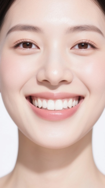 特写镜头下年轻女性灿烂的微笑，面部仅露出鼻子下方至颈部的区域，皮肤呈现光滑细腻的质感，柔和的自然光从上方均匀洒下，形成自然的光影过渡，没有明显阴影。嘴唇饱满，唇色改为温柔的豆沙粉，带有自然的光泽感。牙齿形态调整为整齐排列的贝齿，牙弓弧度自然流畅，门牙大小适中，边缘圆润，整体呈现健康洁白的色泽。背景为纯净的白色，突出主体面部和笑容，整体氛围清新、自然、充满活力，具有高清晰度和写实的人像摄影风格。预览效果