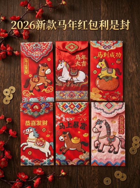 重新生成背景图，然后加上2026新款马年红包利是封这个几个字 字体不大不小。预览效果