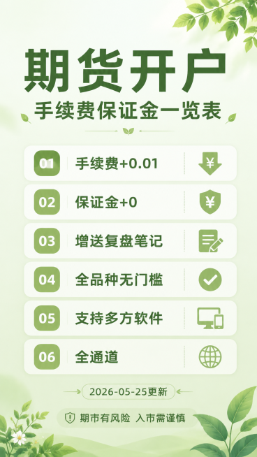 制作一张期货开户手续费保证金一览表海报，内容文字：期货开户 手续费保证金一览表
①  手续费+0.01
②  保证金+0
③  增送复盘笔记
④  全品种无门槛
⑤  支持多方软件
⑥  全通道
20预览效果