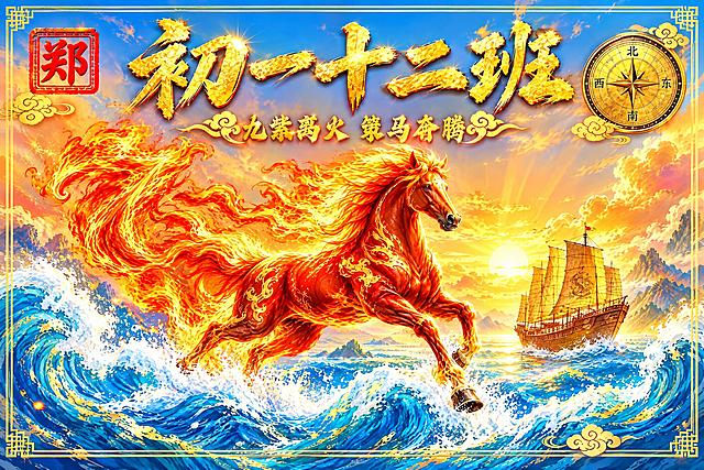 参考原图的元素和构图，重新设计为明亮鲜艳的亮色排版风格。保留画面核心元素：火焰骏马、海浪、古代帆船、左上角红色印章文字、右上角指南针罗盘、金色祥云边框、主标题文字、副标题文字。将整体色调改为明亮活泼的亮色风格，背景换成橙黄渐变的明亮天空搭配金色云霞，色彩鲜艳通透，光线明亮温暖，去掉暗沉的深红色调。文字排版保持醒目大气，金色书法字体更明亮有光泽，整体画面充满活力和朝气，明亮清爽的视觉效果。