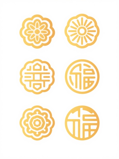 六个不同样式的月饼图标，采用扁平化设计风格，主色调为金黄色，边缘线条清晰简洁，花纹图案包括多层花瓣、放射状线条、几何纹样、传统吉祥符号等，白色背景，呈三行两列整齐排列，每个月饼大小一致，间距均匀，整体视觉效果简洁明快，具有现代感和装饰性。预览效果
