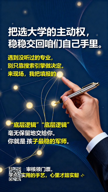 专业海报设计，高级深蓝色背景，带有抽象的微光节点和纤细连接线。一只西装袖子的手拿着高级钢笔，指向其中一个节点。超大白色主标题文字写着"把选大学的主动权，稳稳交回咱们自己手里。"，高亮黄色文字写着"遇到预览效果