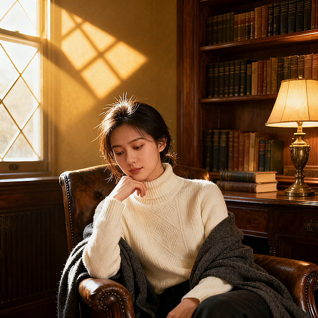 超写实人像，知性女生，简约内搭，书房暖光，表情恬静，细节高清