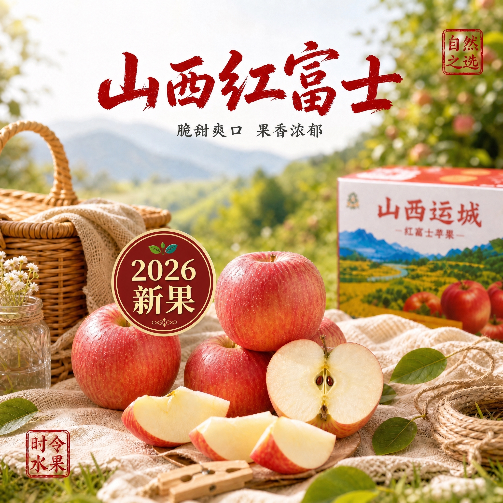 严格保持原图构图、光影、苹果、包装箱、竹篮、布料及所有原有中文… - 图片创意预览