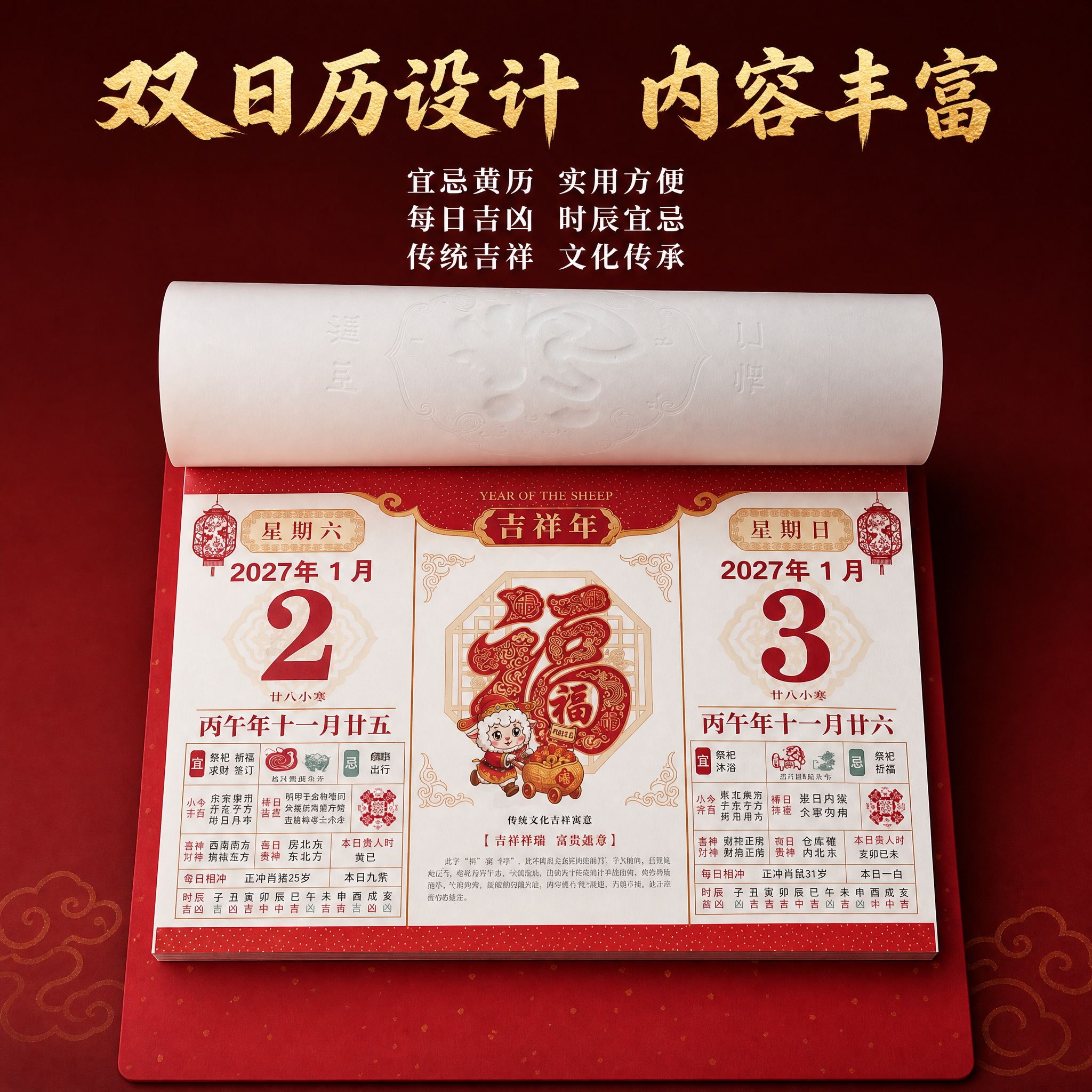 [主图-4] 内页细节展示，翻开挂历展示日历内页排版与黄历信息… - 图片创意预览