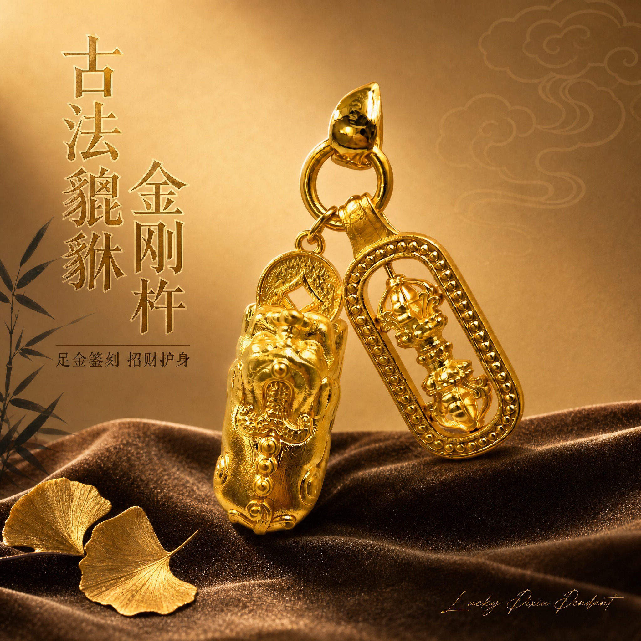 [主图-1] 古法黄金貔貅金刚杵吊坠首图，突出国风潮品身份与高… - 图片创意预览