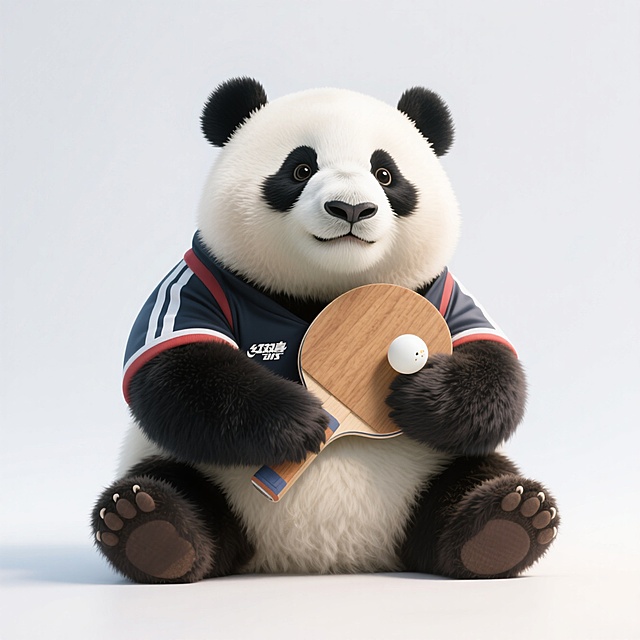 软3D风熊猫拟人化设计，手持乒乓球拍，可爱卡通风格，展现运动乐趣。