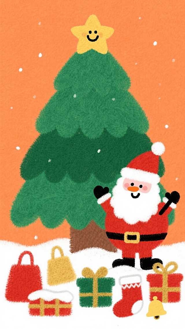 插画风圣诞场景，扁平化设计融合毛发生长质感，拟人化圣诞老人与笑脸星星树顶，搭配礼物与雪景，传递喜庆卡通氛围。