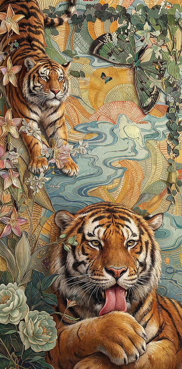 保留原图的国潮风格、双虎与花鸟元素，优化细节质感