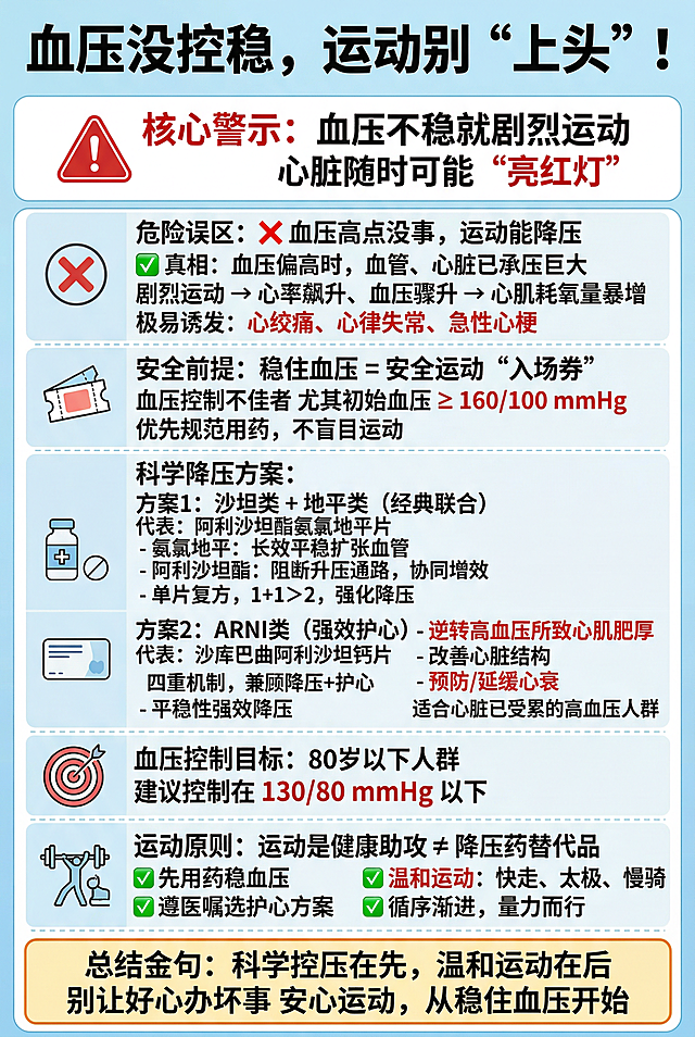 竖版高血压科普短视频信息图，整体风格简洁清晰，医疗科普风，配色以清爽的蓝白色为主，搭配醒目的红色警示元素。顶部是加粗的大标题“血压没控稳，运动别“上头”！”，下方是醒目的核心警示板块，配红色警示图标，文字内容为“核心警示：血压不稳就剧烈运动 心脏随时可能“亮红灯””。接下来按顺序排列各个板块：1. 危险误区板块，左侧放红色叉号图标，文字内容为“❌ 血压高点没事，运动能降压 ✅ 真相：血压偏高时，血管、心脏已承压巨大 剧烈运动 → 心率飙升、血压骤升 → 心肌耗氧量暴增 极易诱发：心绞痛、心律失常、急性心梗”；2. 安全前提板块，配门票样式图标，文字内容为“安全前提：稳住血压 = 安全运动“入场券” 血压控制不佳者 尤其初始血压 ≥ 160/100 mmHg 优先规范用药，不盲目运动”；3. 科学降压方案板块，分两个子块，各配对应的药品简约图标，第一个子块标题“方案1：沙坦类 + 地平类（经典联合） 代表：阿利沙坦酯氨氯地平片”，内容为“- 氨氯地平：长效平稳扩张血管 - 阿利沙坦酯：阻断升压通路，协同增效 - 单片复方，1+1＞2，强化降压”；第二个子块标题“方案2：ARNI类（强效护心） 代表：沙库巴曲阿利沙坦钙片”，内容为“四重机制，兼顾降压+护心 - 平稳强效降压 - 逆转高血压所致心肌肥厚 - 改善心脏结构 - 预防/延缓心衰 适合心脏已受累的高血压人群”；4. 血压控制目标板块，配靶心图标，文字内容为“血压控制目标：80岁以下人群 建议控制在 130/80 mmHg 以下”；5. 运动原则板块，配运动简约图标，文字内容为“运动原则：运动是健康助攻 ≠ 降压药替代品 ✅ 先用药稳血压 ✅ 遵医嘱选护心方案 ✅ 温和运动：快走、太极、慢骑 ✅ 循序渐进，量力而行”；底部是总结金句板块，用醒目边框突出，文字内容为“总结金句：科学控压在先，温和运动在后 别让好心办坏事 安心运动，从稳住血压开始”。所有文字排版层级清晰，标题字号大，内容字号适中，重点数值和关键词用红色加粗突出，各个板块之间用浅灰色分割线区分，搭配简约的医疗相关小图标，整体易读性强，适合短视频竖屏观看。