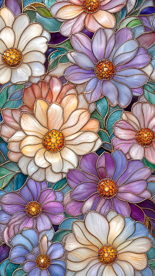 9:16 vertical seamless decorative floral pattern, full-bleed Tiffany stained glass artwork, dense overlapping large daisy and cosmos-like flowers, layered rounded petals, elegant botanical leaves, no empty margins. Raised continuous champagne gold and antique rose-gold leading lines separating every glass piece, smooth rounded solder lines, slightly reflective metallic edges, refined premium stained glass craft. Translucent opalescent glass panels, pearly white, ivory cream, blush peach, soft apricot, lavender purple, smoky violet, muted periwinkle blue, pale aqua, teal green and deep plum accents. Each petal and leaf has soft internal glass gradients, subtle milky cloudiness, delicate curved highlights, faint natural glass veins, darker translucent edges, glossy but clean surface. Flower centers are warm amber-orange and honey-gold mosaic glass beads, composed of many small rounded stained-glass cells, glowing softly but not overexposed. Composition is rich, elegant, luxurious, decorative, feminine, suitable for premium phone case surface pattern, wallpaper textile pattern, high-end Tiffany glass floral design. Ultra clean edges, crisp outlines, smooth flowing curves, refined handcrafted stained glass, luminous pearlescent glass texture, balanced pastel and jewel-tone palette, highly detailed but not messy.