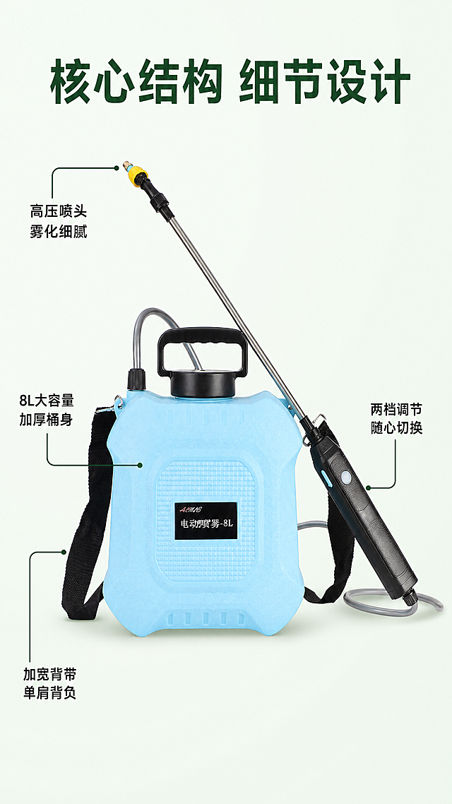 「图片1」，生成一套详情页，商品名称为可充电电动喷雾器，卖点是高压喷雾，两档可调，8L大容量单肩背负「图片1」，便携省力，多一点人物操作的场景，主题色绿色适配淘宝/天猫平台，单图比例为9：20，需求屏数为6张。