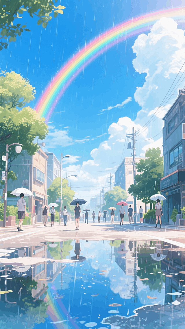 夏日午后，雨后场景，蓝天白云，有一道美丽的彩虹，街上有零星人群撑着伞，地面还有一点积水