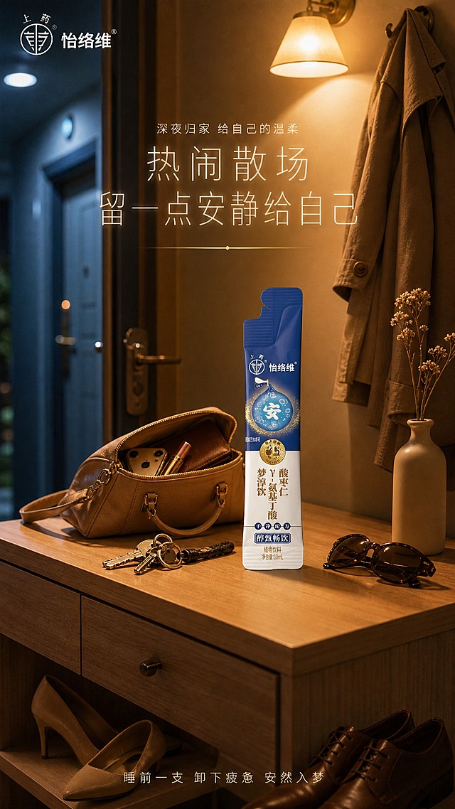 [电商主图] 怡络维酸枣仁γ-氨基丁酸梦淳饮 植物饮料 10mL条装 聚会散场归家场景主题 温暖治愈玄关氛围。
[画面主体] 画面中部偏右的玄关柜上竖直摆放1条完整产品，产品外观、颜色、结构、Logo、文字排版与输入产品图完全一致：上半部分为深蓝色包装，印有"上药"圆形Logo和"怡络维"品牌名，中部蓝色水滴图案内含"安"字，金色圆形品质徽章，下半部分米白底印有"酸枣仁 γ-氨基丁酸 梦淳饮"竖排文字，底部"醇甄畅饮"蓝色标签和"植物饮料 净含量:10mL"说明文字。产品放在玄关柜的一角，旁边是刚摘下的钥匙和打开的包，暖黄灯光温柔地打在产品上。
[构图版式] 竖版9:16构图，玄关近景视角，产品位于画面中下部视觉焦点，周围是归家的细节物品，上方留白放主标题，营造深夜归家、从热闹回归安静的治愈氛围。
[场景元素] 夜晚归家的玄关场景。玄关柜为浅木色或白色，上面摆放着：梦淳饮（视觉中心）、一串钥匙（刚放下的状态）、一个打开的女士手提包或男士公文包（包口敞开，露出里面的手机和口红/钱包一角）、一副墨镜、一个小小的花瓶插着一枝干花。玄关柜旁边的挂钩上挂着一件外套/大衣，还没来得及收起来。背景是玄关的门，门上有猫眼，门外的走廊灯还亮着，门内是温暖的黄色灯光。玄关柜下方有一双刚脱下的高跟鞋/皮鞋，随意地放着，暗示刚到家。墙上有一盏暖黄色的壁灯或玄关吊灯，发出温暖的光晕，照亮玄关一角。整体画面传递出聚会散场后，拖着疲惫的身体回到家，在玄关处停下，拿起一支梦淳饮，给自己一点安静和放松的治愈感。从门外的冷色到门内的暖色，象征从热闹到宁静的过渡。
[文案版式] 画面上方暖光区域放置主标题"热闹散场 留一点安静给自己"，用暖白色细黑体字，字体温柔治愈，分行排列，带有轻微的暖光外发光。主标题上方有小号暖黄色细体字"深夜归家 给自己的温柔"。主标题下方有一条细细的暖金色横线装饰。左上角安全区放置"上药 怡络维"品牌Logo，暖白色半透明。画面底部有一行极小的暖白色辅助文案"睡前一支 卸下疲惫 安然入梦"。所有文字横排，温柔治愈，不遮挡产品主体，融入温暖的灯光氛围中。
[光影质感] 商业摄影质感，暖黄色玄关灯作为主光源从上方照射，在玄关柜和物品上形成温暖的高光和柔和的阴影。门外的冷色走廊光作为环境光，从门缝透入，形成冷暖对比。产品包装的深蓝色在暖光下呈现温润的光泽，金色徽章有温暖的金属反光。木质柜面纹理清晰，皮包、钥匙、鞋子等物品有真实的材质质感。整体画面光线温暖柔和，有深夜归家的真实感和治愈放松的氛围。
[配色字体] 主色：暖黄、木色、深蓝、白色、辅助色：冷灰（门外）、浅棕、强调色：金色（徽章）。字体：主标题用细黑体，暖白色温柔；辅助文案用极细黑体，暖黄色。字体温柔治愈，层级分明。
[比例] 9:16竖版，2K分辨率，文字清晰可辨。
[负向提示词] 产品变形、色差、结构错误、Logo变形、文字错字、模糊、水印、平台Logo、人物面部、杂乱过度、醉酒场景、烟酒元素、医疗化夸张表达、疾病治疗暗示。