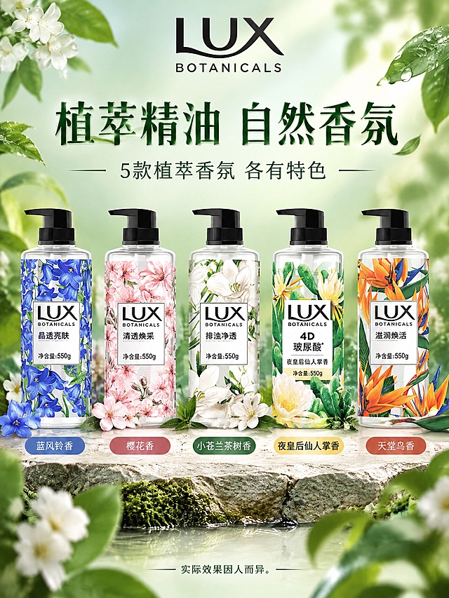 电商详情页系列特色介绍，3:4竖版，LUX BOTANICALS植萃精油香氛沐浴露，背景为自然植萃风格的浅绿渐变，顶部放置LUX BOTANICALS品牌Logo，标题"植萃精油 自然香氛"为清晰轻立体字效，下方展示5款产品的小图横向排列，每款下方标注香型名称，文字说明"5款植萃香氛 各有特色"，底部小字提示"实际效果因人而异。"，图文留有安全边距手机可读，整体风格自然高级