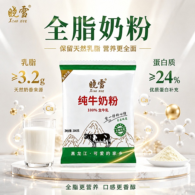 [主图5] 全脂奶粉 营养浓郁品质感。
[氛围风格] 品质高级 浓郁营养 纯净白金风；
[画质] 商业摄影质感 光线精致高级 画面干净有档次。
[元素] 晓雪纯牛奶粉袋装产品为主体，正面朝前摆放，位于画面中央，占画面约55%。**保持奶粉袋外观与输入产品图完全一致，杜绝任何变形和色差**。产品放置在纯白色大理石展示台上，周围环绕漂浮的全脂牛奶营养粒子：金色脂肪小球、白色蛋白质分子、钙元素光点，呈现科技感营养环绕效果。产品左右两侧各放一只玻璃杯，左侧盛满全脂牛奶呈现浓郁奶白色，右侧放一小碟细腻的奶粉粉末。背景是纯净的白金渐变，有柔和的聚光效果。左上角放置「晓雪」品牌Logo。
[光影] 顶部聚光+两侧柔光，主光照亮产品正面；营养粒子有发光效果，在产品周围形成柔和光晕；牛奶液体有通透高光，整体高级精致。
[配色] 主色纯白色 浅金色；辅色产品绿 金色 奶白色；文字色深绿色 金色。
[视角构图] 正面微仰视5°，产品居中对称，景深中等，产品清晰锐利。
[文字版式] 顶部居中主标题「全脂奶粉」深绿色粗宋体最大号；副文案「保留天然乳脂 营养更全面」细黑体约50%，金色。产品左右两侧各一组数据：左侧「乳脂 ≥3.2g」金色大数字+小字「天然奶香来源」，右侧「蛋白质 ≥24%」绿色大数字+小字「优质蛋白补充」。底部一行小字「全脂更营养 口感更香醇」深绿色居中。文字均不遮挡产品主体。
[输出要求] 1:1比例 文字清晰可辨 超高清商业摄影质感。
[负向提示词] 变形 文字错乱 产品模糊 背景杂乱 水印 电商平台Logo 多余的手 人物面部 悬浮感 医疗感。