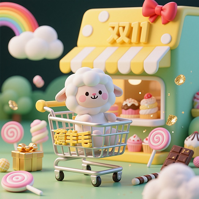 以奶绿色为基调的可爱3D场景，画面中央是软萌白色小羊卡通形象，面带微笑坐在购物车里，购物车侧面有黄色立体字“薅羊毛”标识。背景是黄色“双11”主题糖果风店铺，屋顶有红色蝴蝶结装饰，墙面点缀白色圆点。周围散落粉色棒棒糖、云朵状棉花糖、金色礼盒、巧克力棒等甜品元素，左上角有彩虹和白色云朵，右下角有漂浮的金色闪光粒子。整体造型圆润，边缘模糊处理，色彩明快柔和，充满欢快可爱的双十一促销氛围