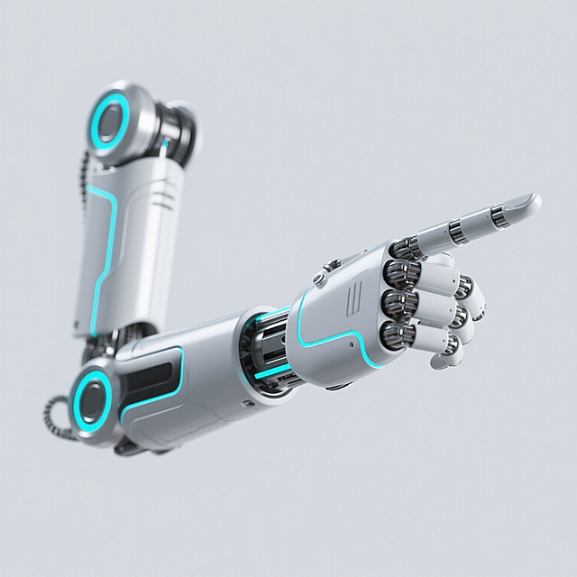 3D渲染风格的机械臂特写，主体为银白色金属材质，关节处有蓝色发光圆环和线条作为装饰与能量指示，机械结构精密，表面光滑带有细微金属质感，手臂呈略微弯曲姿态，食指向前伸出，背景为纯白色，整体光影明亮，高光清晰，阴影柔和，营造出科技感与未来感，设计简洁而富有力量感，视觉焦点集中在机械臂的精密结构与动态姿态上。