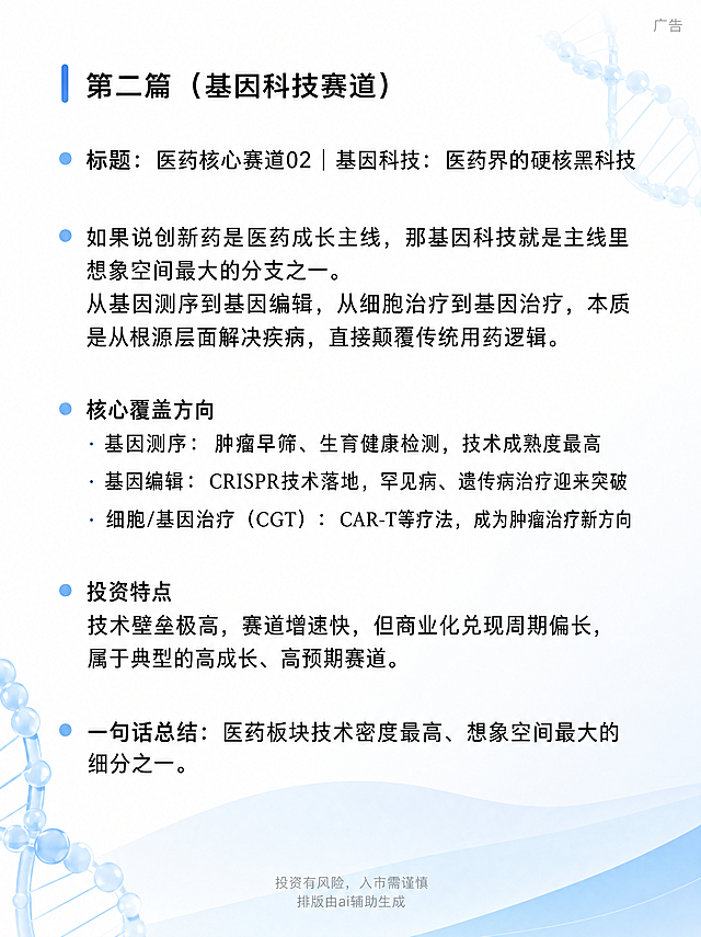 小红书图文笔记内页，竖版3:4比例，基因科技主题，与前两张保持相同的简约专业商务风格，白色背景配浅蓝渐变，正文文字内容保持不变，分点排版整齐，字体清晰为无衬线黑体，右上角用浅灰色小字标注“广告”，最底部中间用浅灰色不明显小字标注两行文字：第一行“投资有风险，入市需谨慎”，第二行“排版由ai辅助生成”，整体版式风格与前两张完全统一，高清晰度