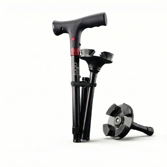 以提供的智能拐杖白底图为基础，在拐杖红色装饰部分下方的黑色杖身位置添加浅灰色“logo”字样，字体简洁，贴合杖身弧度，自然融入产品表面，其余所有内容保持完全不变，背景、产品外观、配件细节均与原图一致。预览效果