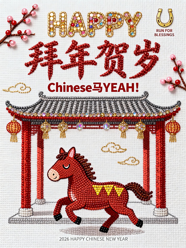 画面上半部分充满了极具视觉冲击力的字体设计，占据画面一半的比例。最上方是带有粗犷的金色外描边圆润英文单词 “HAPPY”，紧挨着下方是笔画洒脱且充满活力的核心汉字标题 “拜年贺岁”，标题正下方是一行醒目的 slogan “Chinese 马 YEAH!”，整体文字排版紧凑，营造出热闹的节日氛围。画面右上角还有一个金色的马蹄铁符号以及极小的英文 “RUN FOR BLESSINGS”。画面下半部分的主体是一匹通体枣红的卡通骏马，马身昂扬挺立，四蹄呈小碎步奔跑姿态，双眼弯成月牙状满是笑意，占据了画面的底部，马身表面绘有金黄色的 “△” 形纹理代表鬃毛与斑纹。马头位于左侧，头顶竖着一对俏皮的耳朵。背景是扁平化风格的中式古戏台，飞檐翘角，红漆立柱，台檐挂着金色流苏灯笼。画面左右两侧装饰着朱红色的梅花枝，枝头绽放着粉嫩的花苞。空中散落着几片简单的金色祥云。底部正中央写有微小的白色文字：“2026 HAPPY CHINESE NEW YEAR”。白色背景