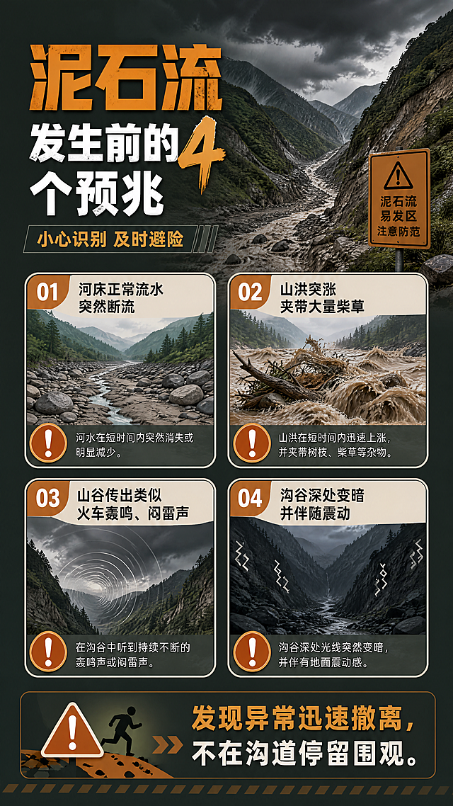 泥石流防灾减灾科普宣传海报，设计风格简洁清晰，重点展示泥石流发生前的4个预兆知识：1.河床正常流水突然断流；2.山洪突涨夹带大量柴草；3.山谷传出类似火车轰鸣闷雷声；4.沟谷深处变暗并伴随震动。加入警示配色和自然山体背景，文字排版整齐明确，面向公众科普宣传，更换整体构图和色调重新生成