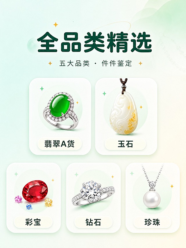 [商品] 闲小置全品类珠宝分类导航，包含翡翠A货、玉石、彩宝、钻石、珍珠五大品类。
[画面] 淘宝首页品类导航模块。顶部小标题"全品类精选"，下方5个圆角图标卡片横向排列（或2+3布局），每个卡片上方是对应珠宝的精致图标：翡翠A货=绿色翡翠戒指图标、玉石=和田玉吊坠图标、彩宝=彩色宝石图标、钻石=钻石戒指图标、珍珠=珍珠项链图标。卡片为轻拟物圆角白底，带柔和阴影，悬停感。背景延续薄荷绿渐变。
[视觉] 套系策略：风格=闲小置APP同款清新柔和现代风；标题字=圆润粗黑体；正文字=简洁无衬线体；主色=浅薄荷绿(#E8F5F0)；背景延展=薄荷绿渐变到米白、同色系深浅层级；强调色=暖橙/金黄色，用于选中态和小点缀；标题色=深墨绿；正文色=中灰绿；组件=圆角卡片、柔和阴影、轻拟物质感图标；光影=柔和均匀，明亮通透。
[文字] 顶部"全品类精选"大标题+小字"五大品类 · 件件鉴定"；每个卡片下方标注品类名称："翡翠A货"、"玉石"、"彩宝"、"钻石"、"珍珠"。所有文字横排，清晰可读。
[规格] 图片比例3:4竖版，宽度750px高度1000px，2K，quality=medium。避免错字、图标模糊、风格不统一、冷色调偏离。