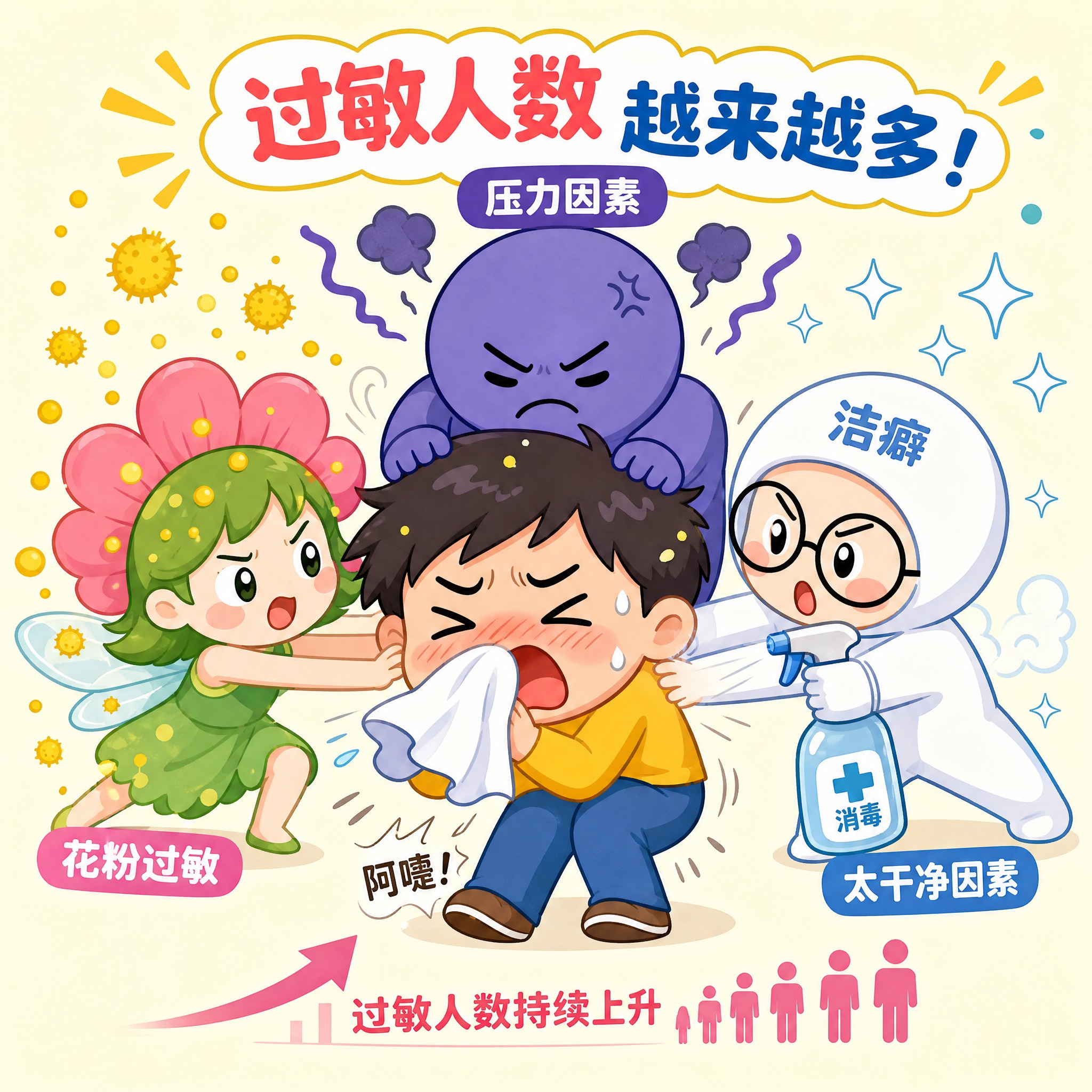 卡通插画风格，画面中心是一个打喷嚏的卡通人物，周围环绕着三个拟… - 图片创意预览