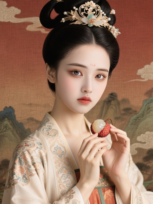 身穿唐代精美纹理服饰，高冷、大眼、丹凤眼、长睫毛、华丽发饰，手持荔枝相关物件，古风影视海报质感，暖棕红渐变背景，融入山水云纹，色调古朴典雅，有传统工笔渲染韵味预览效果
