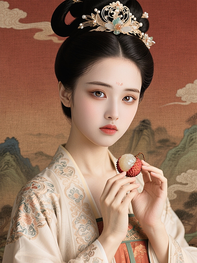 身穿唐代精美纹理服饰，高冷、大眼、丹凤眼、长睫毛、华丽发饰，手持荔枝相关物件，古风影视海报质感，暖棕红渐变背景，融入山水云纹，色调古朴典雅，有传统工笔渲染韵味