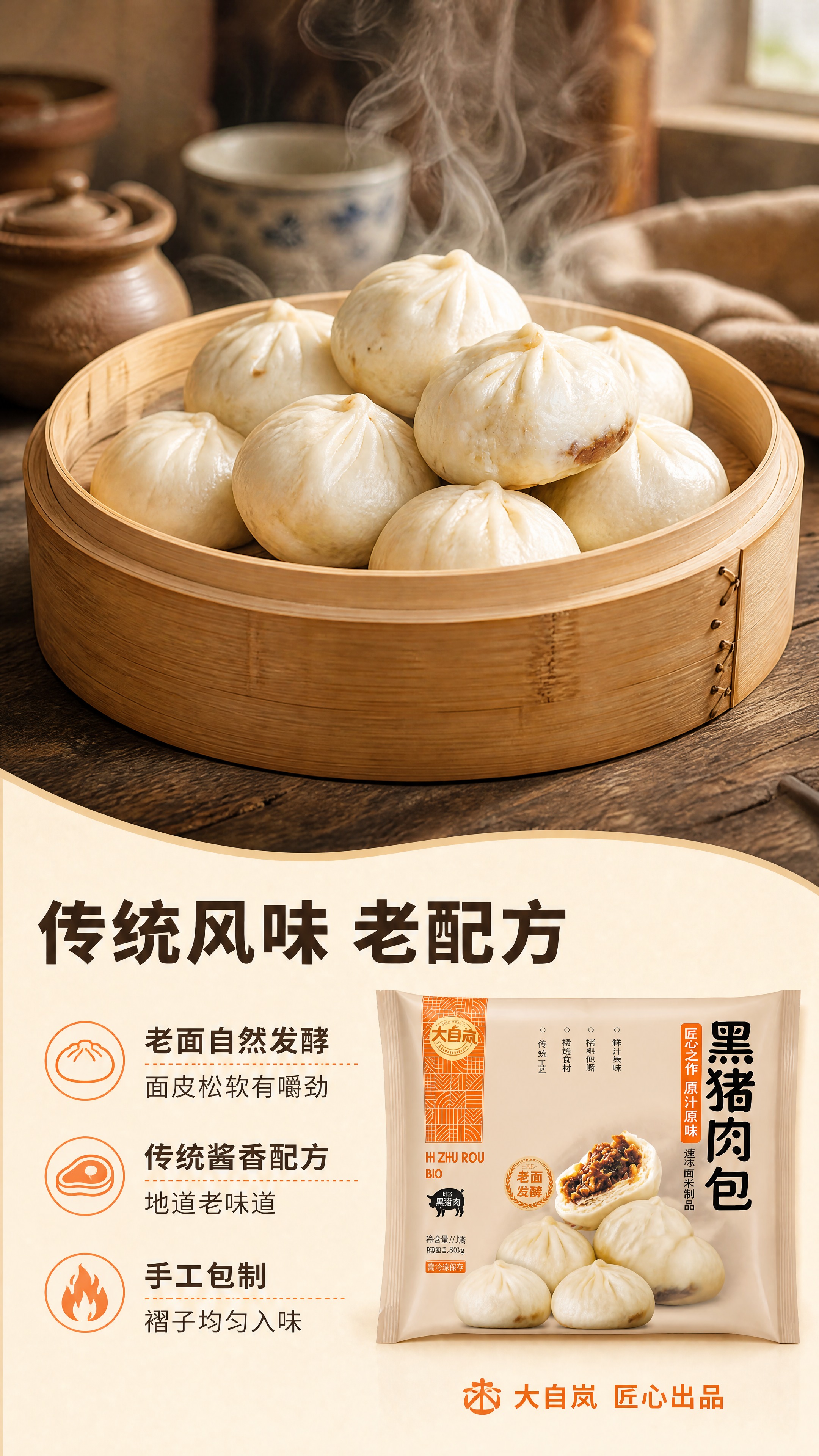 [商品] 使用【图2】蒸笼黑猪肉包场景图与【图1】包装袋图；保… - 图片创意预览