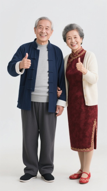 老年夫妻，两人并肩站立，面带灿烂笑容，同时竖起大拇指，姿态自然亲密。整体为高清写实人物摄影风格，光线明亮柔和，正面光为主，人物面部和身体细节清晰，皮肤纹理自然，发丝分明。背景为纯白色，突出主体人物。服饰改为：丈夫穿着深蓝色中式立领对襟盘扣唐装，内搭浅灰色圆领薄毛衣，下着深灰色宽松休闲长裤，脚穿黑色布鞋；妻子穿着酒红色暗纹提花旗袍式连衣裙，袖口和领口有精致的金色刺绣花纹，搭配米白色针织开衫，下着……预览效果