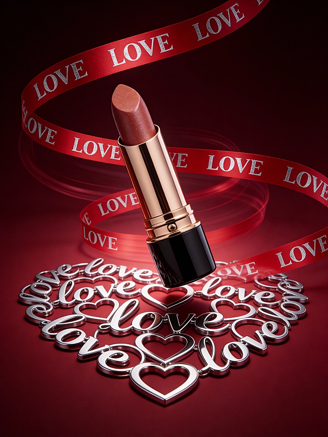 现代轻奢风商业产品 3D 渲染风格，画面以深邃酒红色为背景主色调(四周暗中间亮)，整体色调浓烈且富有高级感。采用平视略俯视的视角，主体置于画面中央，主体占画面比例10%，呈倾斜角度悬浮于视觉核心区。背景装饰有红色丝带（丝带上印着银色 “LOVE” 文字阵列），丝带呈流动轨迹从主体下飘过，主体下有许多银色“love”英文环形排布成的爱心形。