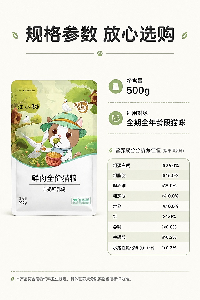 [第7屏] 详情页规格信息收尾屏-江小傲羊奶鲜乳鸽猫粮规格营养展示。本屏使用【图1】产品包装放左侧主体位置。
[氛围/风格] 清晰信息展示，简约专业，干净排版。
[元素布局] 江小傲猫粮包装袋放置在画面左侧，占比约40%，右侧放置规格信息和简化营养成分表，浅米白色纯色背景，保证产品包装外观与原图一致，信息分区清晰易读。
[光影质感] 均匀柔光照明，整体明亮清晰，信息文字无模糊。
[配色色系] 全局底色 #FAFAF8；主色浅米白；辅助色浅绿分割线，深灰文字。
[视角构图] 左右分栏平视构图，信息和产品分区展示。
[文字版式] 顶部主标题「规格参数 放心选购」，左侧产品，右侧标注净含量「500g」，适用对象「全期全年龄段猫咪」，下方简化营养成分表，圆角黑体排版，字形、字色与首屏保持一致；文字清晰易读，不遮挡产品主体。
[比例分辨率] 9:16 竖版比例，4K 分辨率，文字清晰可辨，高清画质。
[负向提示词] 产品变形，文字错乱，参数模糊，颜色偏差，水印，文字过小，背景杂乱