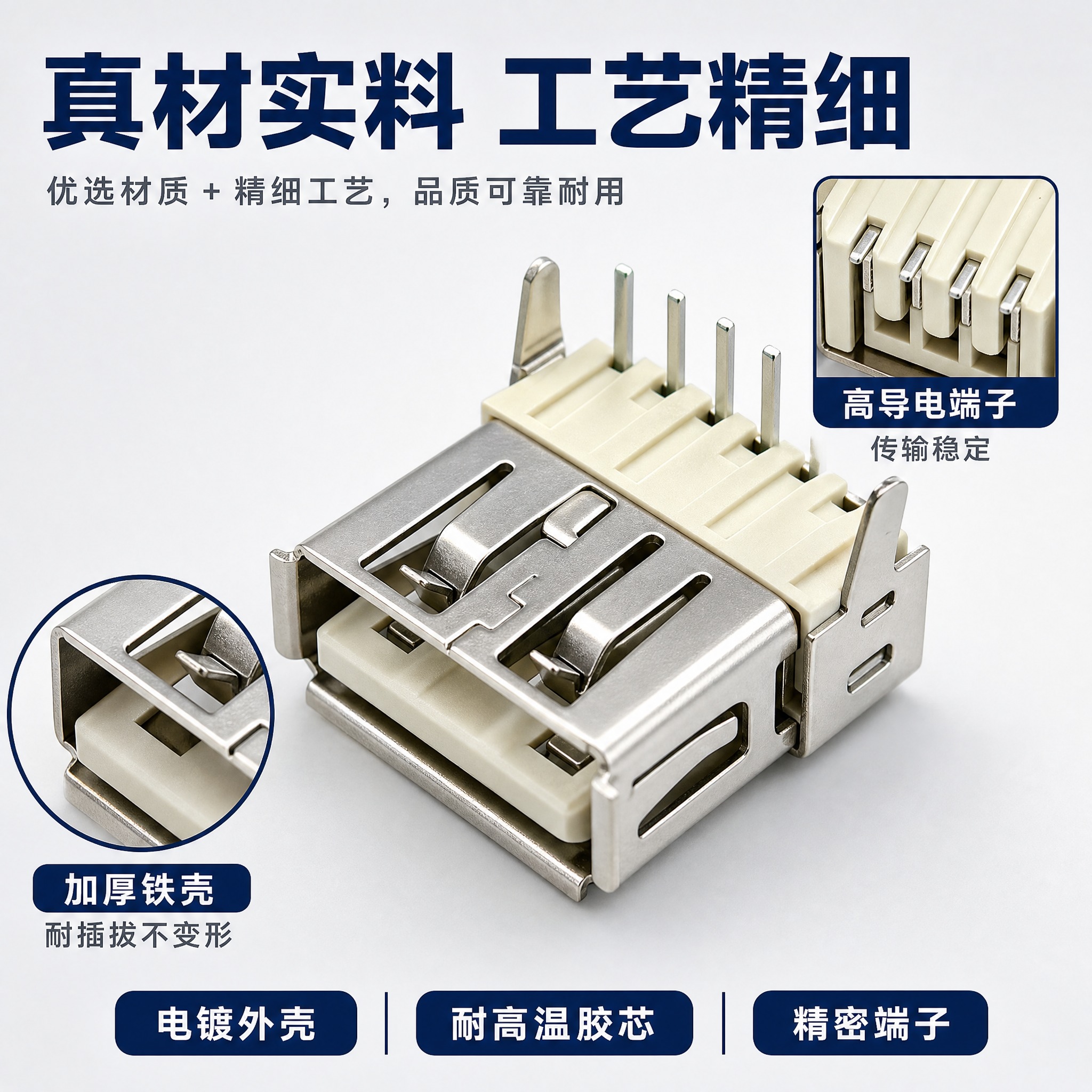 [主图-3] 材质与工艺细节图，主题为USB立式母座金属外壳与… - 图片创意预览